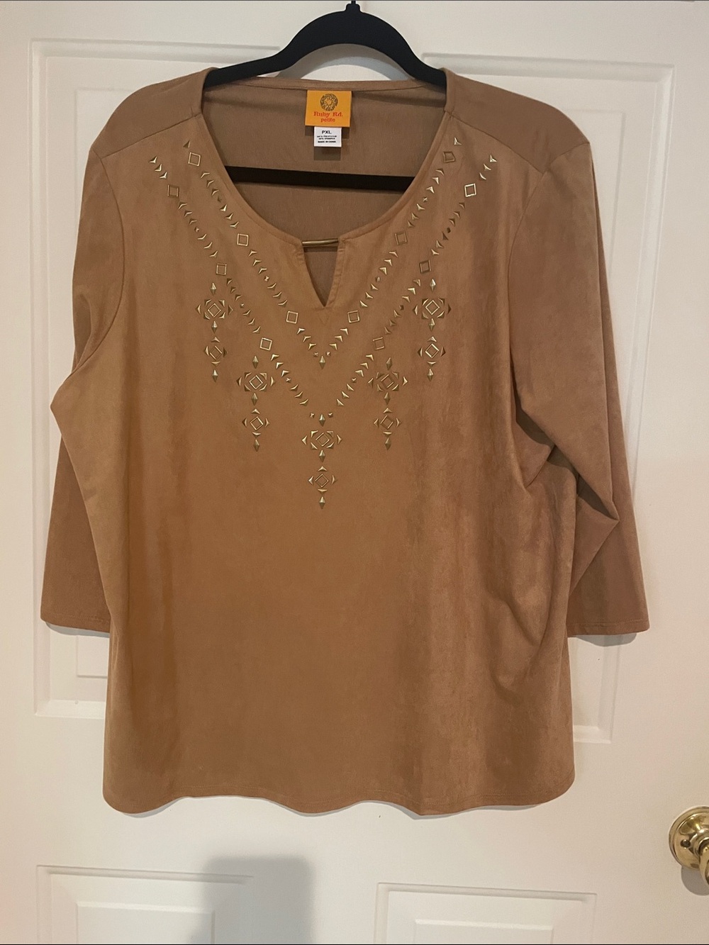 Ruby Rd. Faux SuedeTan V-Neck Tunic with Gold Stud Detailing